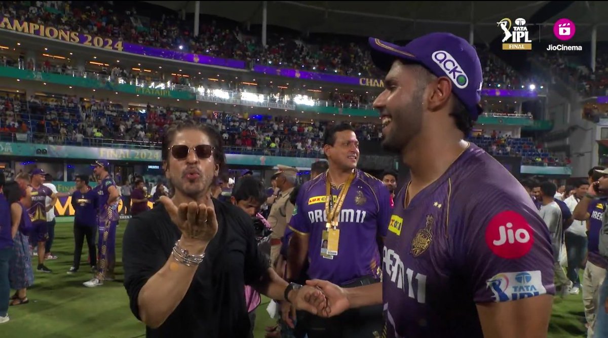 Q: Was the flying kiss celebration with SRK pre-planned? [Express Sports] Harshit Rana said 'Yes, after I got banned for 1 match, I was very sad & then SRK sir came to me & said 'We will celebrate the IPL with a flying kiss', he promised me & made sure that we did with Trophy'.