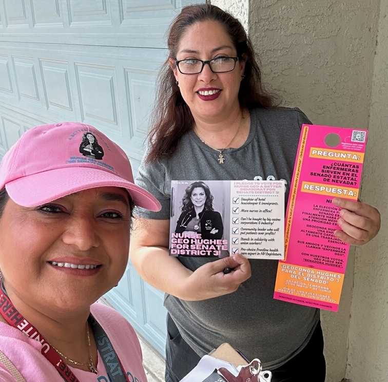 Hotel & casino workers are knocking on doors 🚪 in Las Vegas to make sure pro-choice candidates are elected into office. Vote for @GeoForNevada & @LindaForNevada! They will 👊 fight for women's right & all working families. 🗳️ 14 days until Election Day! #WeVoteWeWin