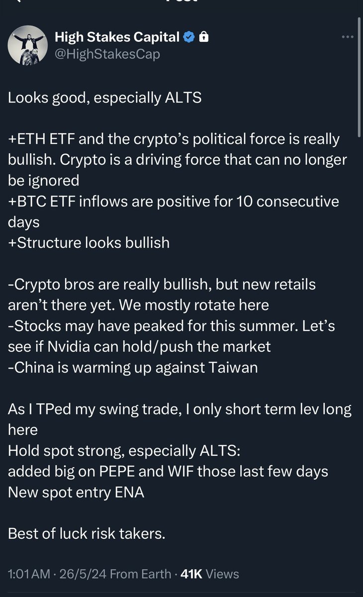 Not just Binance, No.1 Bybit Trader @HighStakesCap is also long $WIF Nobody  can fade for any longer Everyone will be putting their hats on