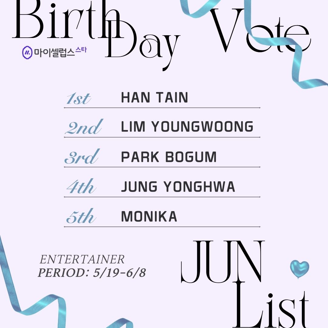 🎉#Mycelebsstar June Birthday Star Vote Closing D-10

①#HANTAIN②#LIMYOUNGWOONG③#PARKBOGUM④#JUNGYONGHWA⑤#MONIKA

🎁 winner will receive the special bonus of #BannerAdvertising!
 
 🗳️Vote now
 mycelebs.ai/birthday_vote/…