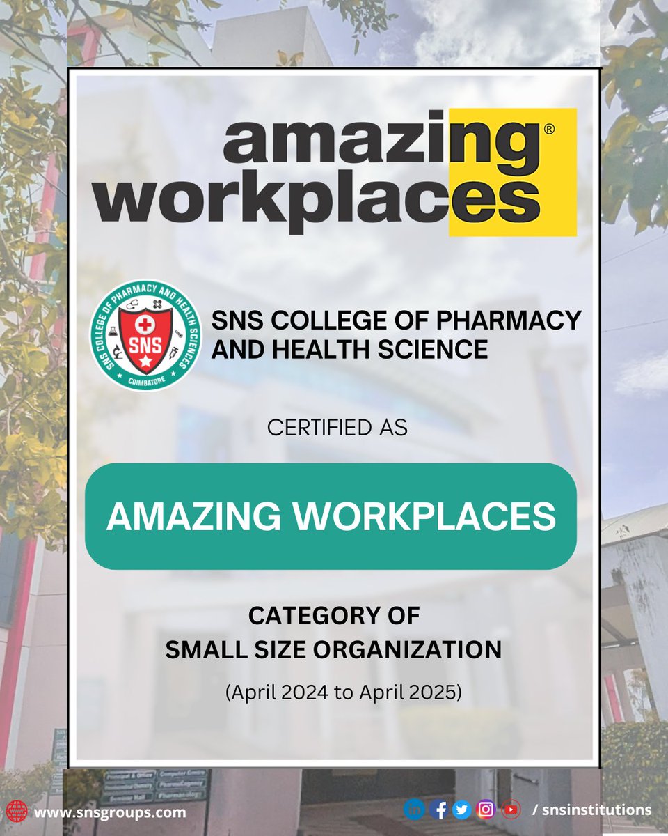 snsinstitutions's tweet photo. We are thrilled to announce that SNS College of Pharmacy and Health Sciences has been officially certified as an AMAZING WORKPLACE!
#SNSInstitutions #SNSDesignThinkers #DesignThinking
#creative #innovative
#amazingworkspace #pharmacy #DesignThinking #stanford #stanfordgsb https://t.co/2Nxkqsk5hC