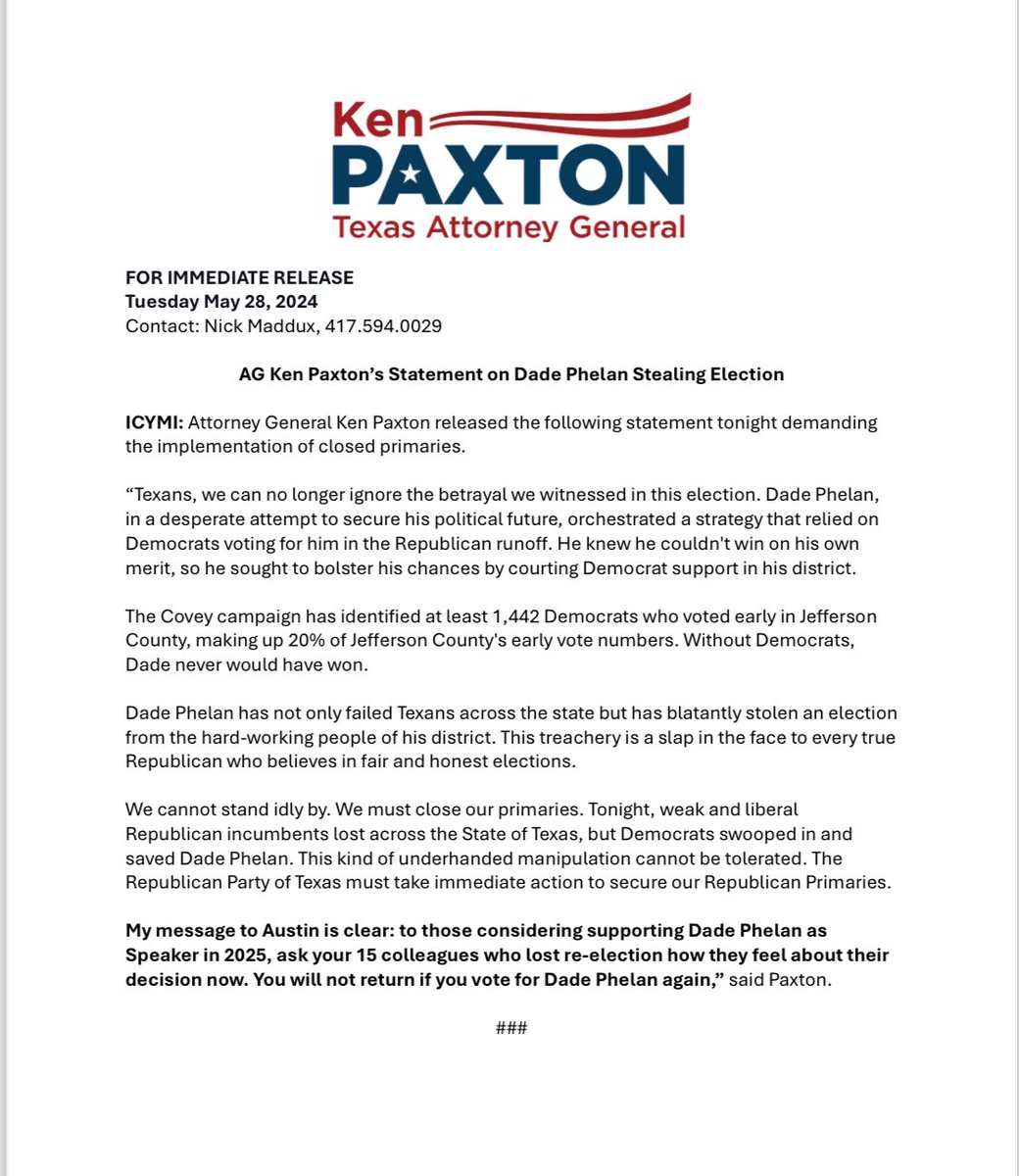 KenPaxtonTX's tweet photo. My message to Austin is clear: to those considering supporting Dade Phelan as Speaker in 2025, ask your 15 colleagues who lost re-election how they feel about their decision now. You will not return if you vote for Dade Phelan again! https://t.co/AkEX9eqUvk