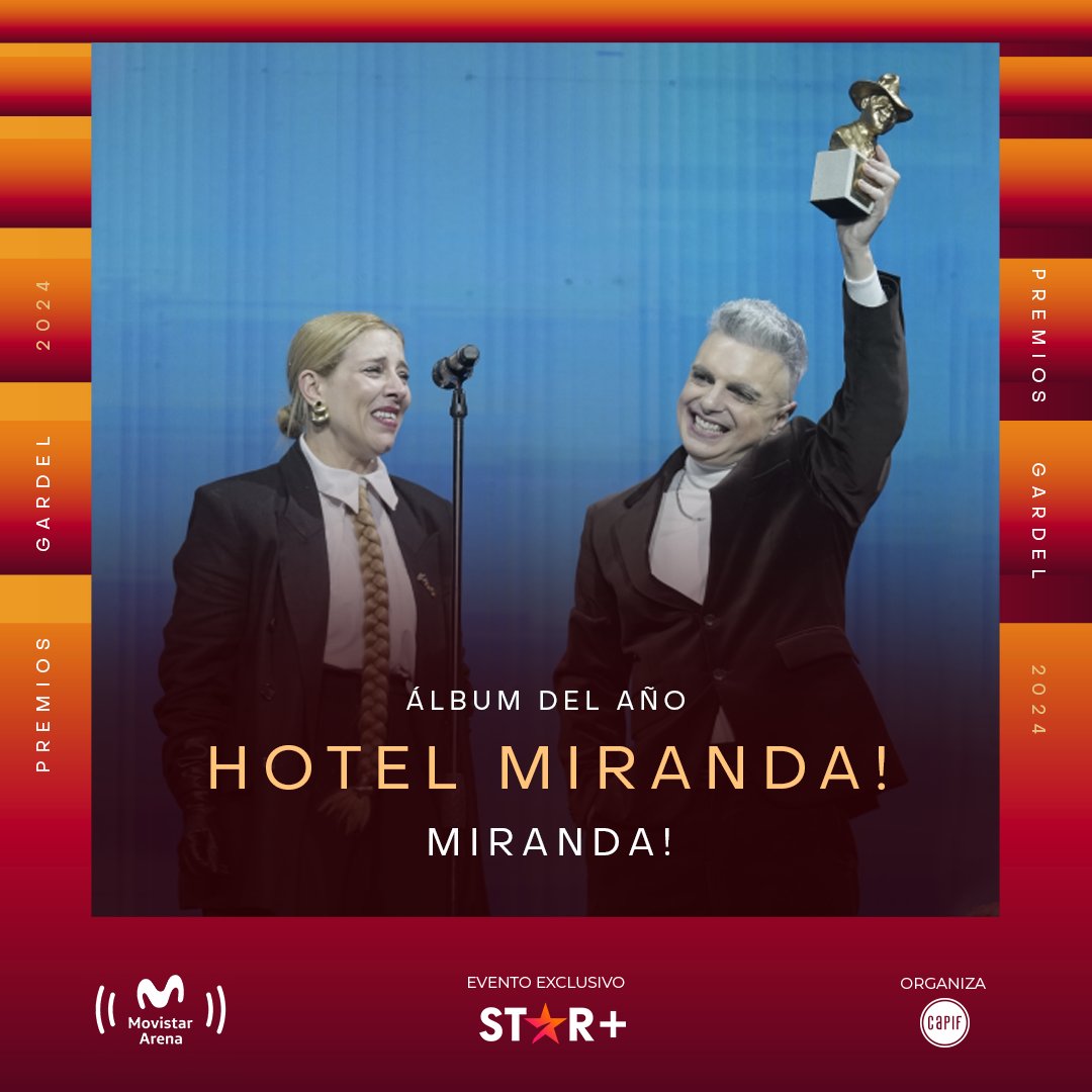 ¡Felicitamos a @mirandaenvivo! 🏆 Ganadores en los #PremiosGardel2024 en la categoría Álbum del año por Hotel Miranda! ✨