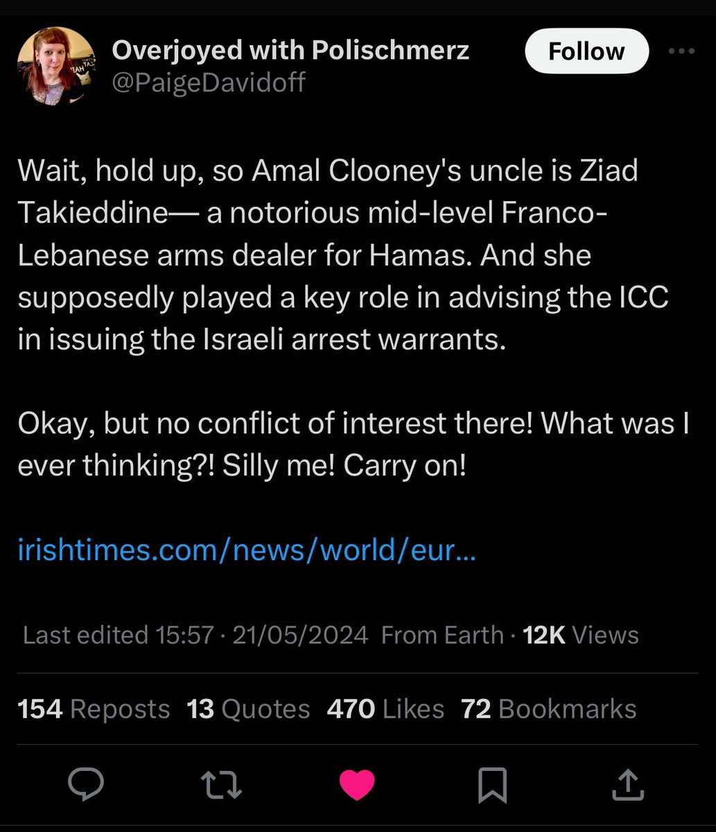 Amal Clooney pontificating on behalf of The ICC when your uncle is an infamous Lebanese arms dealer for a number of Middle Eastern countries is hugely hypocritical and does nothing to dispel ideas of impropriety and gaslighting from the uber rich individual.