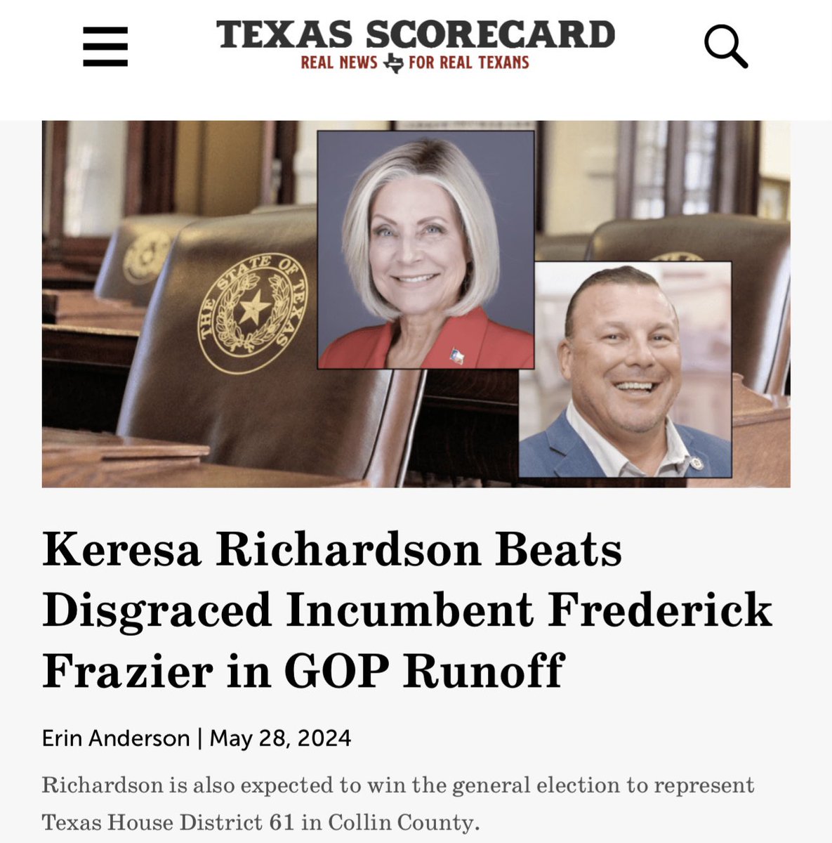 Keresa Richardson Beats Disgraced Incumbent Frederick Frazier in GOP Runoff | @TexasScorecard 

@KeresaForTexas won 68% of the runoff vote and is expected to win the general election to represent #TXLege House District 61. 

➡️ texasscorecard.com/state/keresa-r… 
#TXLege #HD61 @CollinGOP