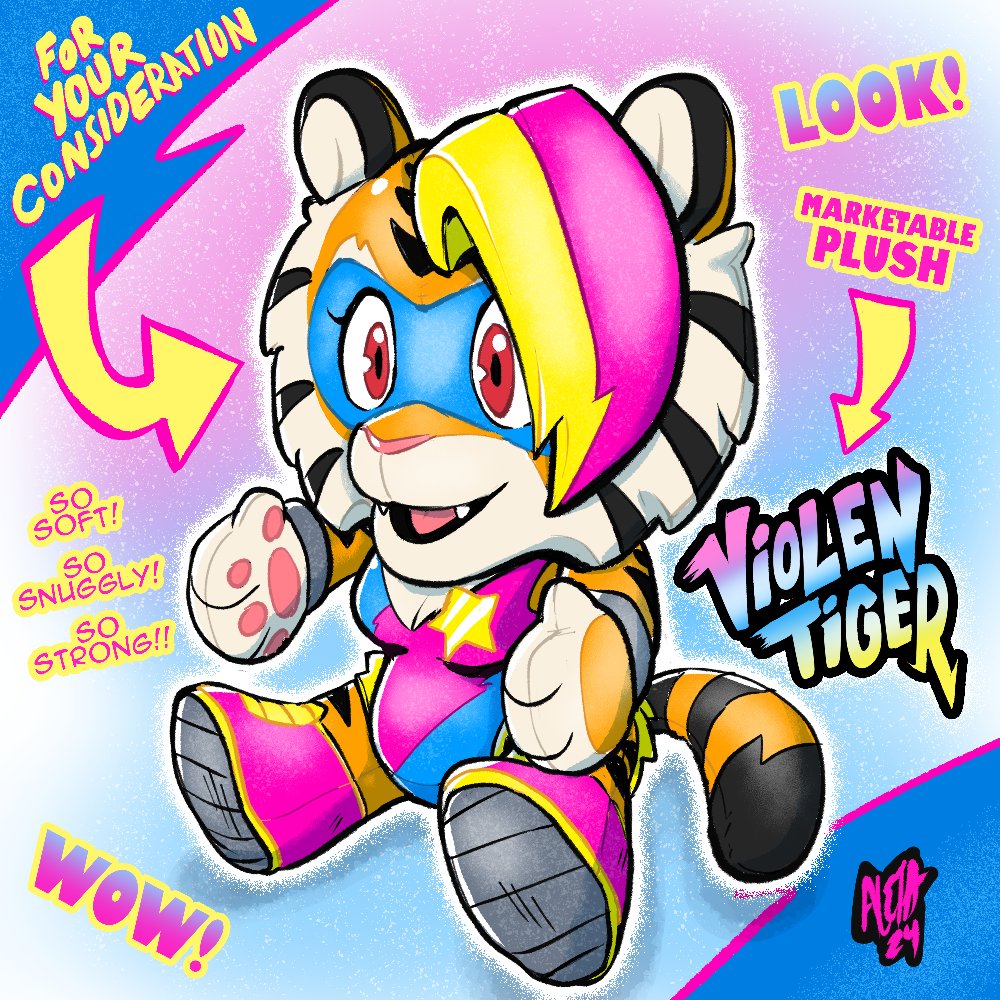 @Makeship Throwing my cat in the ring! My character, Violentiger, would make a great plush! A tenacious wrestler, she overcomes any & all obstacles for a shot at being the CHAMP! Facing more and more vicious challengers on her road to glory. This kitty can be your personal wrestle buddy!🐯