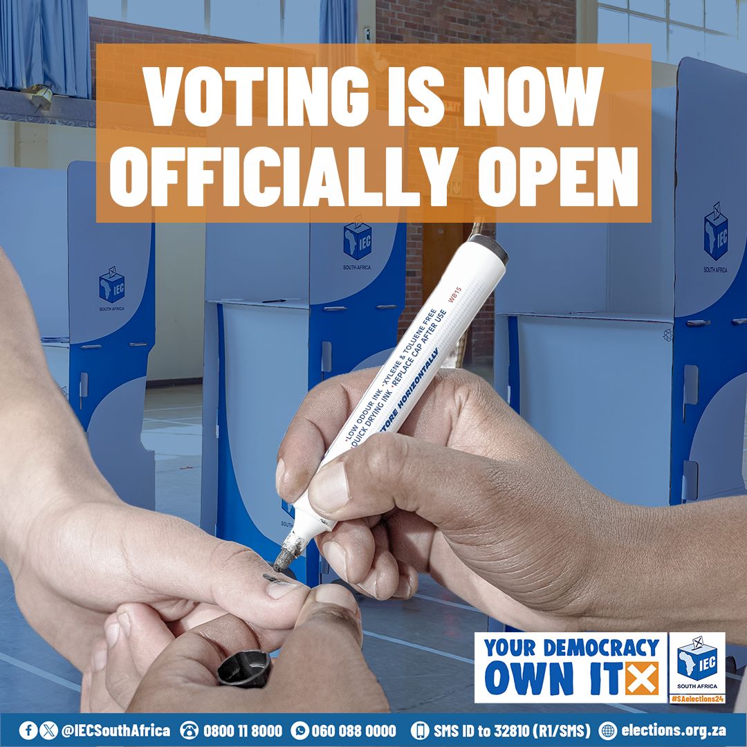 🚨We're officially on! Voting stations are now open until 9pm. Don't forget your SA ID and share a pic of your inked thumb! Happy voting, South Africa🇿🇦. It's your democracy, own it! #SAelections24 #VoteSA #DemocracyInAction