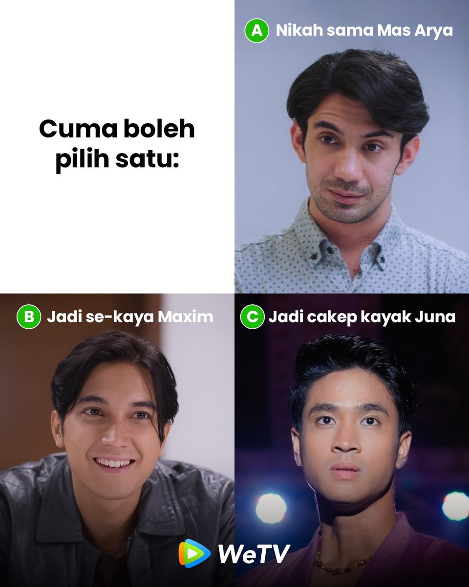 Kalo kalian cuma bisa pilih satu, kalian pengen jadi yang mana???😌 📌: bit.ly/MyLecturerMyHu… 📌: bit.ly/HarusKawinDiWe… 📌: bit.ly/DuaWajahArjuna… #NontondiWeTV #WeTVIndonesia #WeTVOriginal #WeTVID