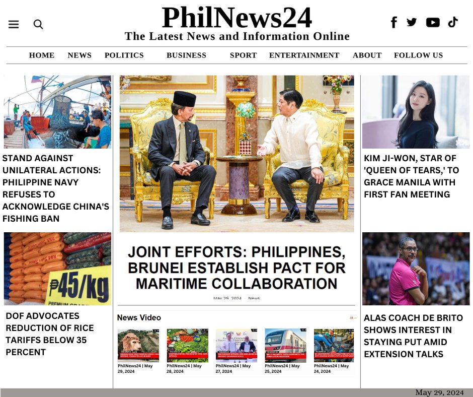 PhilNews24's tweet image. PhilNews24 | May 29, 2024
For the latest news, visit:philnews24.org

#jointefforts #pbbmadministration #brunei #MaritimeCollaboration #PhilippineNavy #chinafishingban #departmentoffinance #reduction #ricetariffs #KimJiWon #QueenOfTears #firstfanmeeting #ALASPILIPINAS