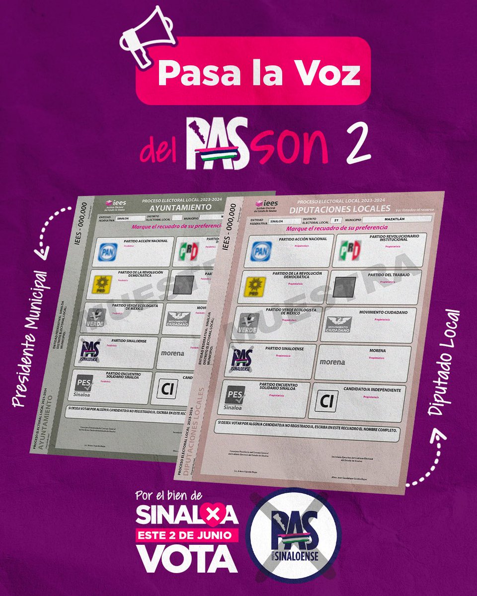 ¡PASa la Voz, del PAS son 2!✨💜
#PorElBienDeSinaloa este 02 de junio #VotaPAS
Es momento de un proyecto sólido, real y con visión de estado para #Sinaloa , uno que trabaje los 365 días por un mejor estado y con el Partido Sinaloense #ClaroQueSePuede.💪🏻✨💜