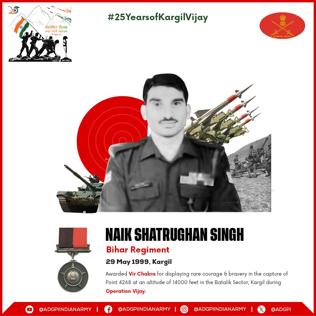 #25YearsofKargilVijay #KVDRajatJayanti Naik Shatrughan Singh Bihar Regiment 29 May 1999 Kargil Naik Shatrughan Singh displayed rare courage & bravery in the capture of Point 4268 in #Batalik Sector, Kargil during #OperationVijay. Awarded #VirChakra. Salute to the War Hero!