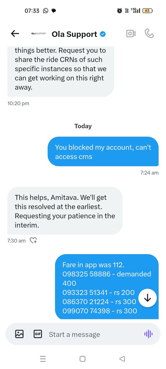 sgamitava's tweet photo. @ola_supports no steps taken apart from unblocking my account which I rarely use. Here is the scam I faced in Siliguri and useless responses from you. https://t.co/6gU5yvuN8i