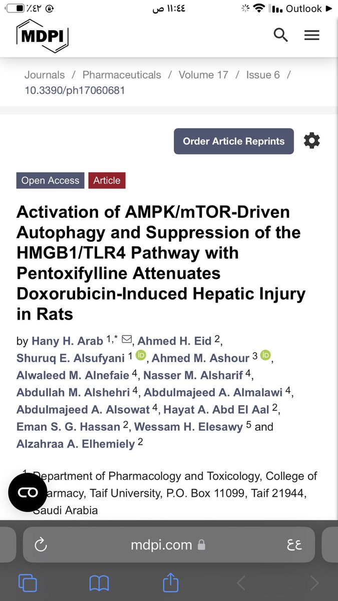 511wlid's tweet photo. الحمدلله حتى يبلغ الحمد منتهاه 
تم نشر اول بحث لي انا وزملائي في MDPI بعنوان:
Activation of AMPK/mTOR-Driven Autophagy and Suppression of the HMGB1/TLR4 Pathway with Pentoxifylline Attenuates Doxorubicin-Induced Hepatic Injury in Rats
وان شاء الله تكون بدايه خير لنا جميعا🙏✨ https://t.co/bu5bwIqNQ5