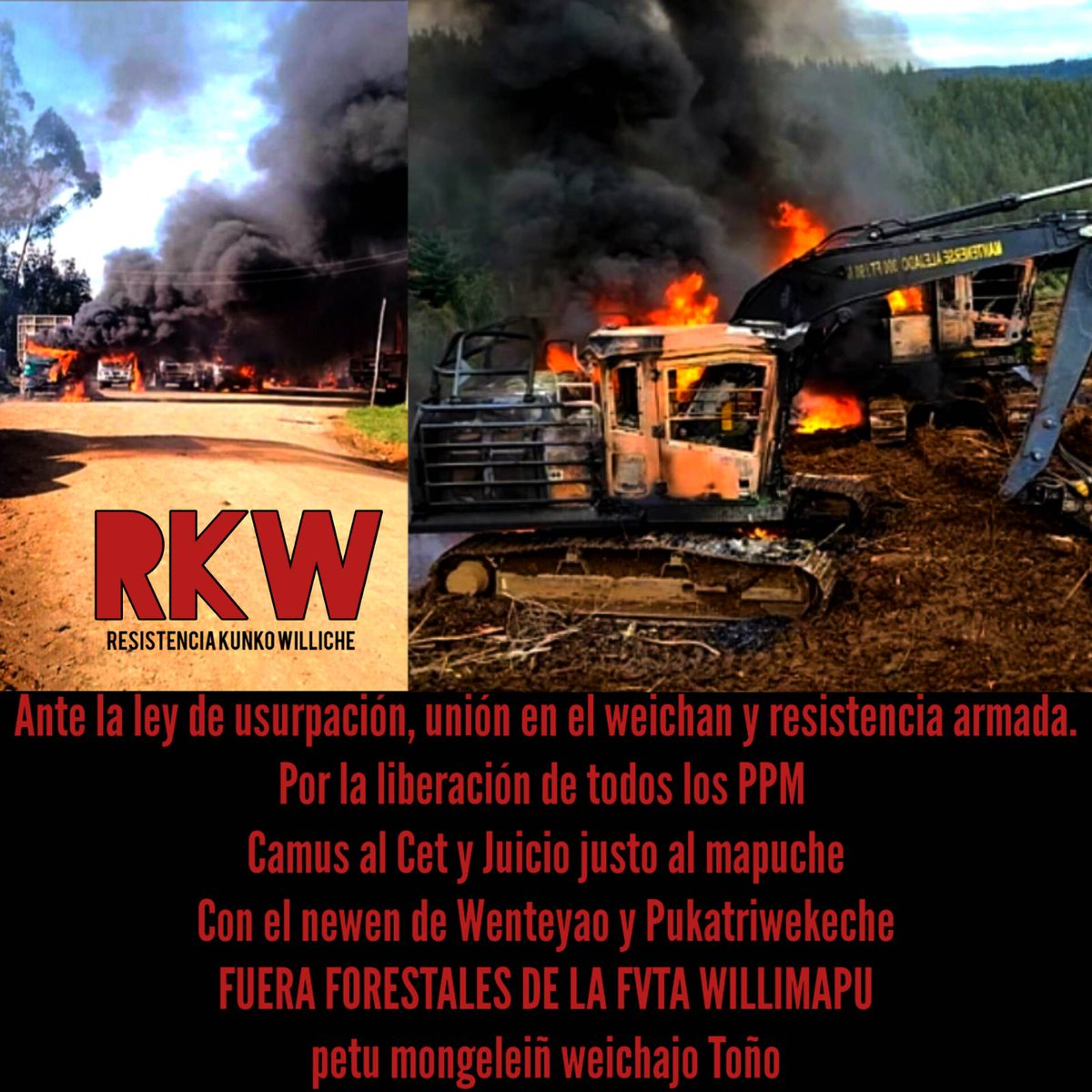 ⭕️[Comunicado] «En la tarde del día de ayer, la RKW realiza acción de sabotaje a un predio forestal colono en el territorio de Rio Negro. Dejando un saldo de 13 camiones, 10 maquinarias y 2 galpones destruidos.
Fuera forestales del willimapu.»

👉 radiokurruf.org/2024/05/28/res…