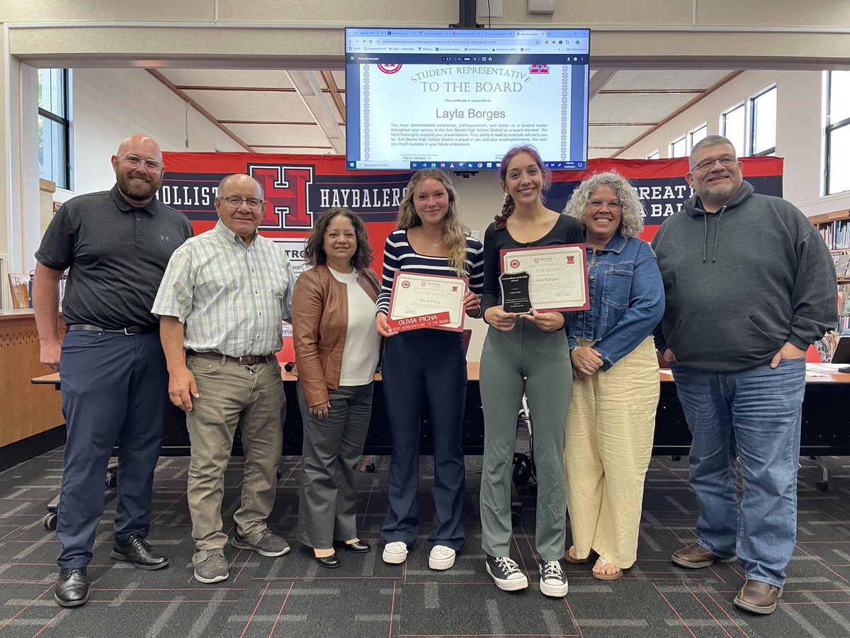 During Tuesday's San Benito High School District Board of Trustees meeting, Superintendent Dr. Shawn Tennenbaum thanked Layla Borges for her service as the student board representative this school year & he introduced next year’s student rep to the board, Olivia Picha.