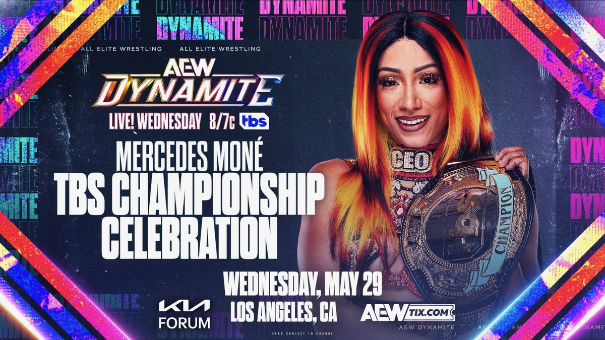 Wednesday Night #AEWDynamite TOMORROW @thekiaforum Los Angeles LIVE 8pm ET/7pm CT @TBSNetwork Moné has changed everything! @AEW's NEW TBS Champion @MercedesVarnado keeps her #AEWDoN victory celebration rolling through LA + The CEO is inviting us all to the party TOMORROW NIGHT!