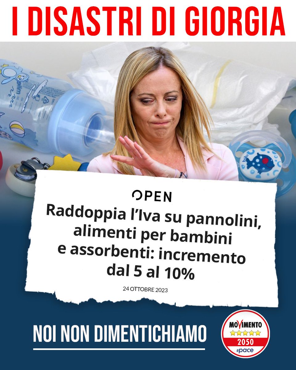 E pensare che il Governo si riempie la bocca con la difesa delle donne e con il contrasto alla denatalità. Con la Legge di bilancio è stata aumentata l’Iva su pannolini, seggiolini, latte in polvere e assorbenti. Continua qui⤵️ facebook.com/movimento5stel…