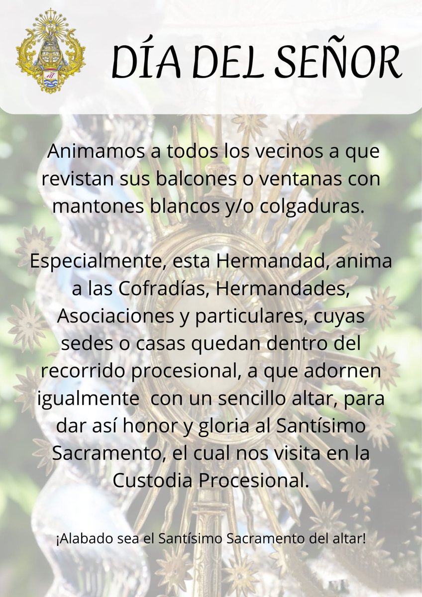 Animamos a todos los vecinos de nuestro pueblo a que revistan sus balcones y alfeizar de sus ventanas con mantones blancos y/o colgaduras para dar con ello, al día del Corpus Christi, toda solemnidad posible:

whatsapp.com/channel/0029Va…