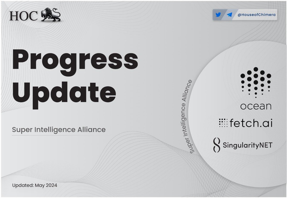 Progress Update: Super Intelligence Alliance (By @Fetch_ai , @SingularityNET and @oceanprotocol ) 

🔹 $FET, $AGIX, and $OCEAN unite, pooling resources and expertise to accelerate decentralized AI development. 
🔸This thread is designed to offer insight into the merger!