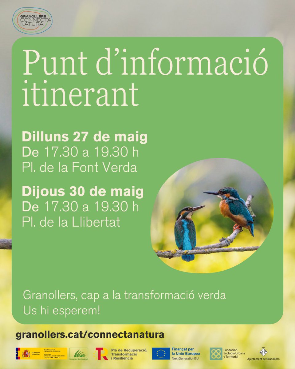 Vine demà dijous 30 de maig a conèixer el projecte de transformació verda de la ciutat al punt informatiu itinerant de Granollers Connecta Natura!
🕐De 17.30 a 19.30 h
📍Pl. de la Llibertat
ℹ️ :  granollers.cat/granollers-con…
@FBiodiversidad
#ProyectosPRTR #PlanDeRecuperación