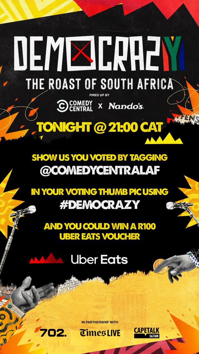 This election day we are rewarding YOU for participating in #DemoCrazy ! Tag @ComedyCentralAF in your thumb pic using #DemoCrazy and you could win an @UberEats Nando’s voucher to the value of R100. And of course watch the #RoastSA on Comedy Central DStv chl 122 TONIGHT!🥹🔥