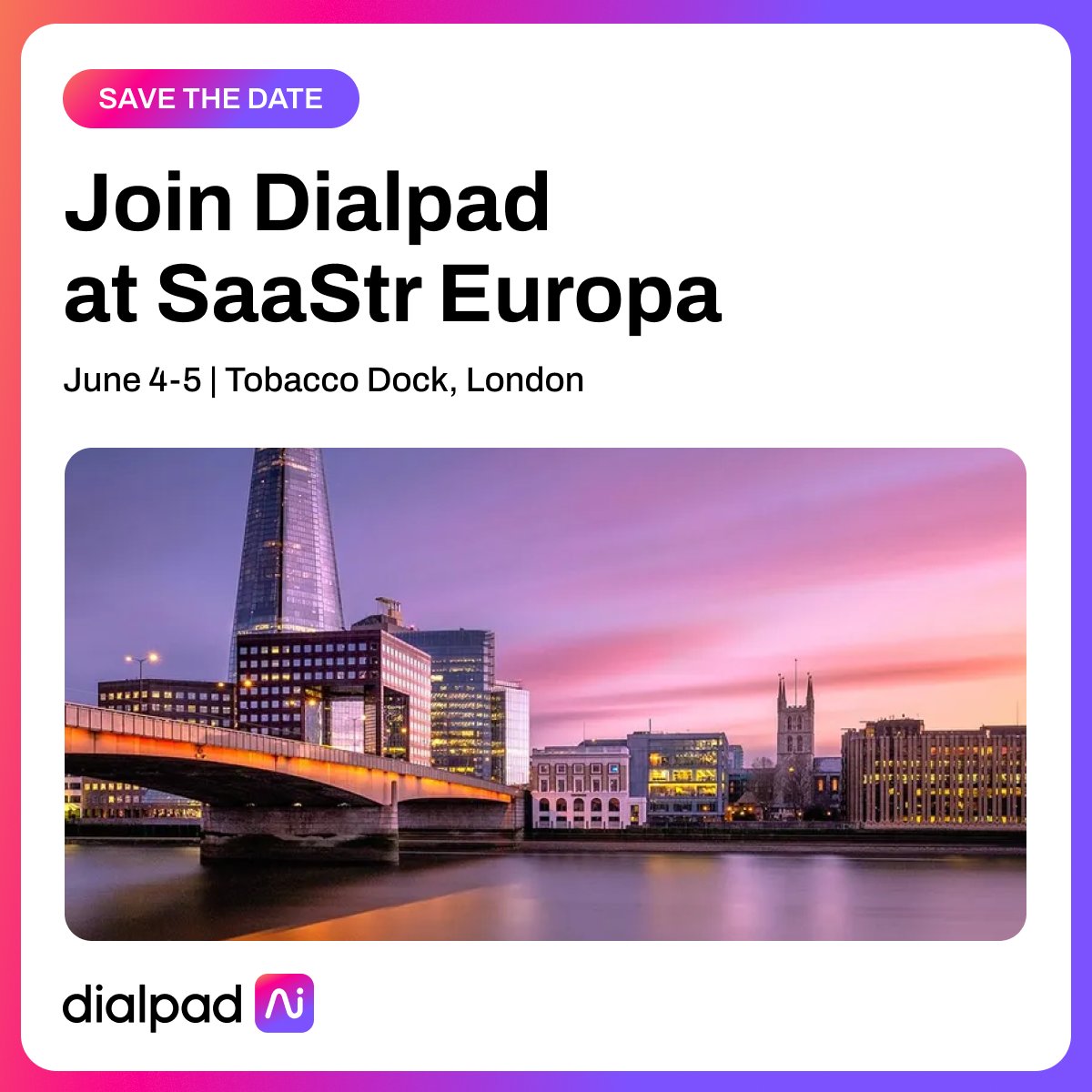 ⏱️ Countdown to #SaaStrEuropa! Visit us June 4-5 at booth #110 to catch the latest from Dialpad and network with your peers in the SaaS community.