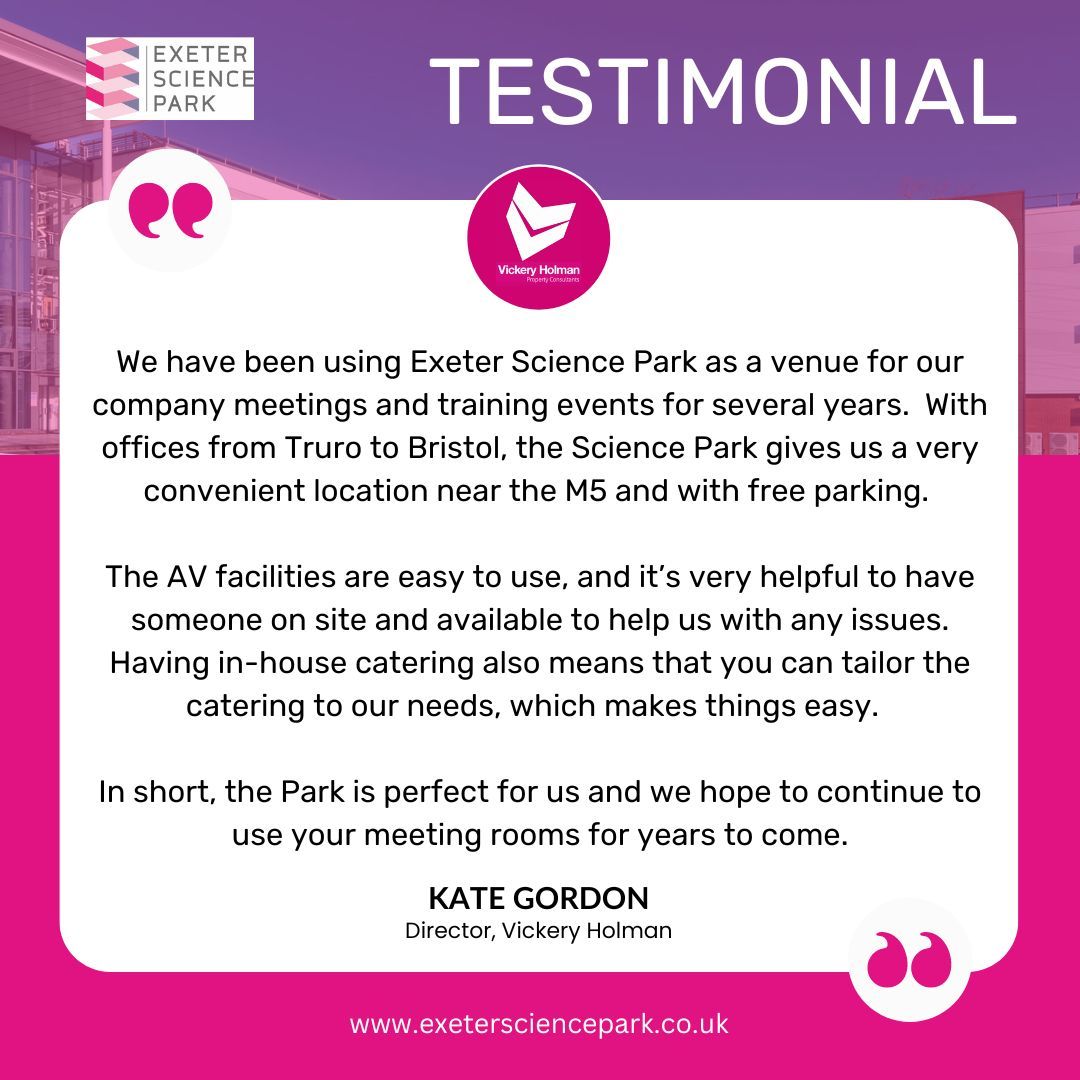 Exeter Science Park (@exetersciencepk) on Twitter photo We recently received a lovely testimonial from Kate Gordon at Vickery Holman about using our Events Space at the Park, see below ⬇️
If you'd like to discuss booking our events space please get in touch with us here:
📩 contact@exetersciencepark.co.uk
☎️ 01392 249222 We recently received a lovely testimonial from Kate Gordon at Vickery Holman about using our Events Space at the Park, see below ⬇️
If you'd like to discuss booking our events space please get in touch with us here:
📩 contact@exetersciencepark.co.uk
☎️ 01392 249222