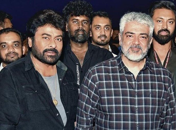 #Chiranjeevi in Insta about his Meeting with #Ajithkumar ⭐: 'Had a Surprise star guest of #Vishwambhara last evening.. The Very Affectionate #Ajithkumar who's shooting next door visited & we had a great time chatting up & fondly recollecting the time of his debut film 'Prema