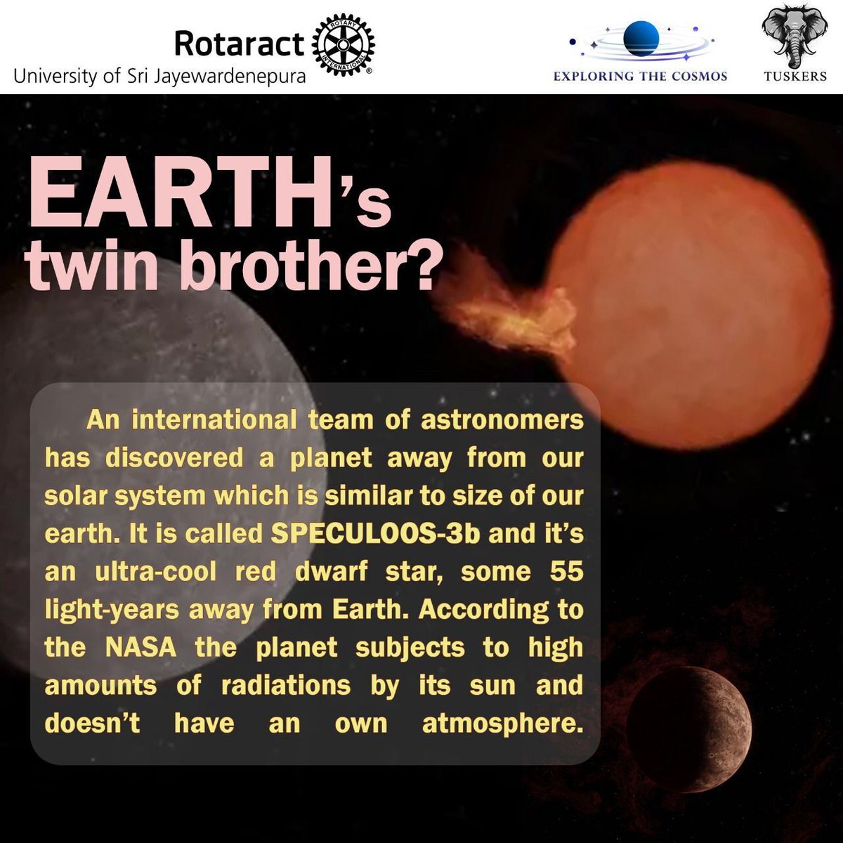 Meet SPECULOOS-3b: Earth-sized and ultra cool, yet a hotbed of radiation without its own atmosphere.

Source : astronomy.com/science/found-…

#ExploringtheCosmos
#RACUSJ 
#Rotaract 
#Rotaract3220 
#CreateHopeintheWorld 
#YouthForAll
