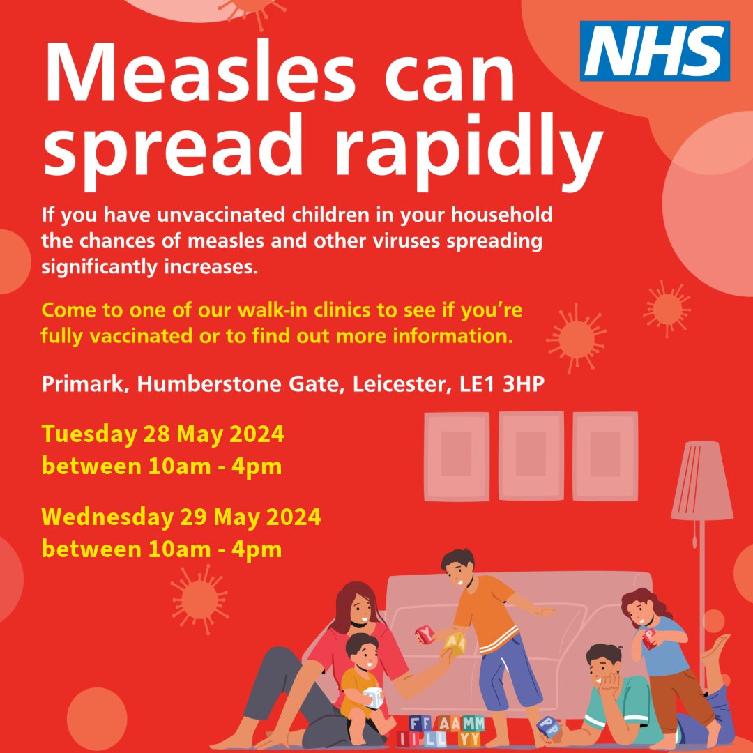 You can get your child vaccinated against measles today, at our pop-up clinic at Primark, on Humberstone Gate in Leicester. We'll be there  between 10am - 4pm.

Find out more by visiting …erleicestershireandrutland.icb.nhs.uk/nhs-vaccinatio….