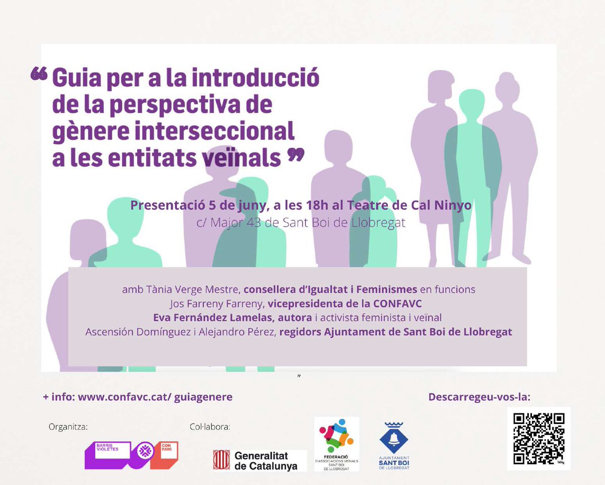 El dimecres 5 de juny a Cal Ninyo #SantBoi:

🟣PRESENTACIÓ🟣
'La Guia sobre la perspectiva de gènere interseccional a les AV'
amb l'autora @evafelamelas, la consellera @igualtatcat @taniaverge, la Jos i les regidores @sensiugt @alexpma 

➡️descarrega-la a bit.ly/3wHmsYc