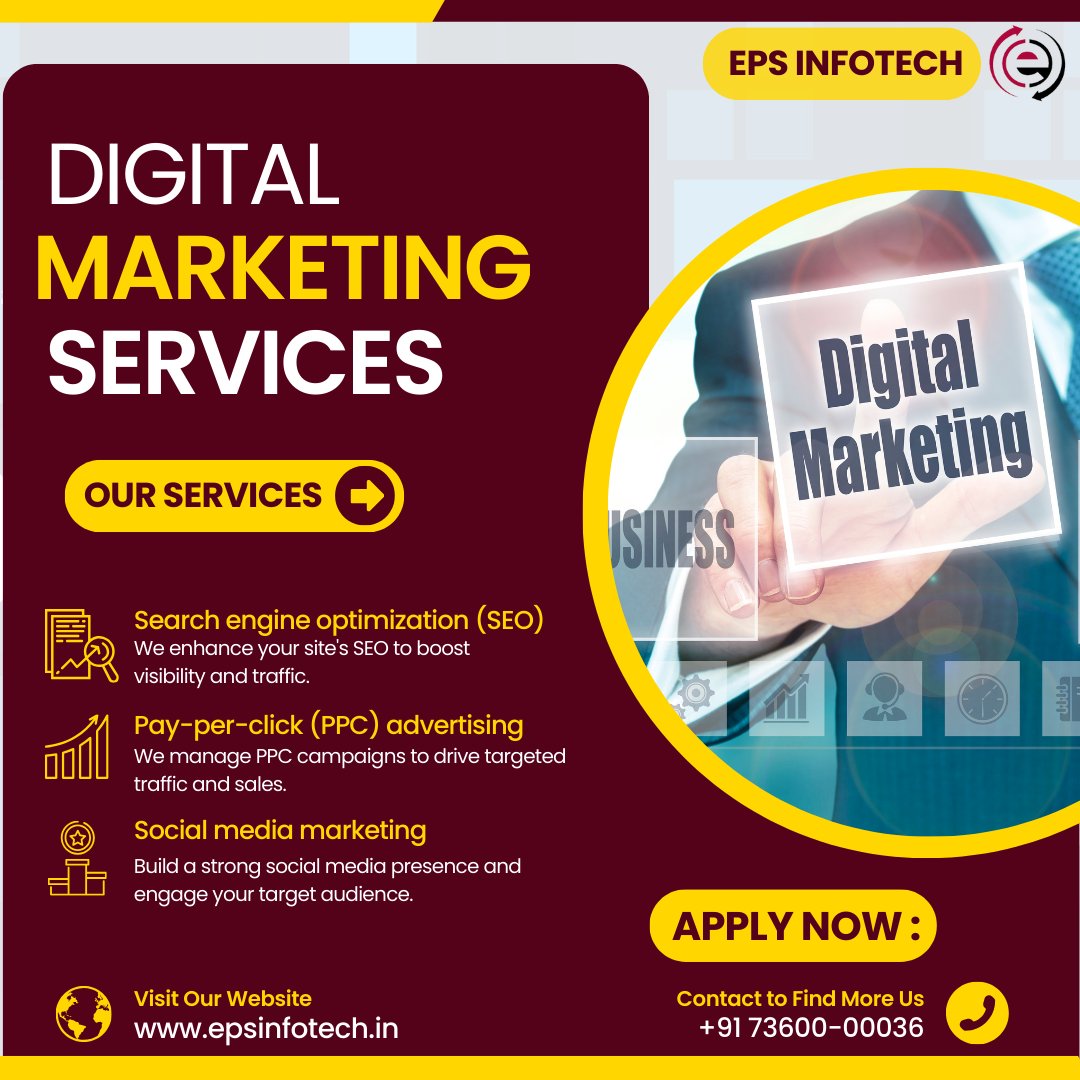 EPS Infotech offer an wide range of Digital marketing services in Jalandhar, Punjab. Our comprehensive offerings are designed to enhance your business's online presence and attract new customers.
epsinfotech.in 
#digitalmarketing #seo #pppc #socialmediamarketing