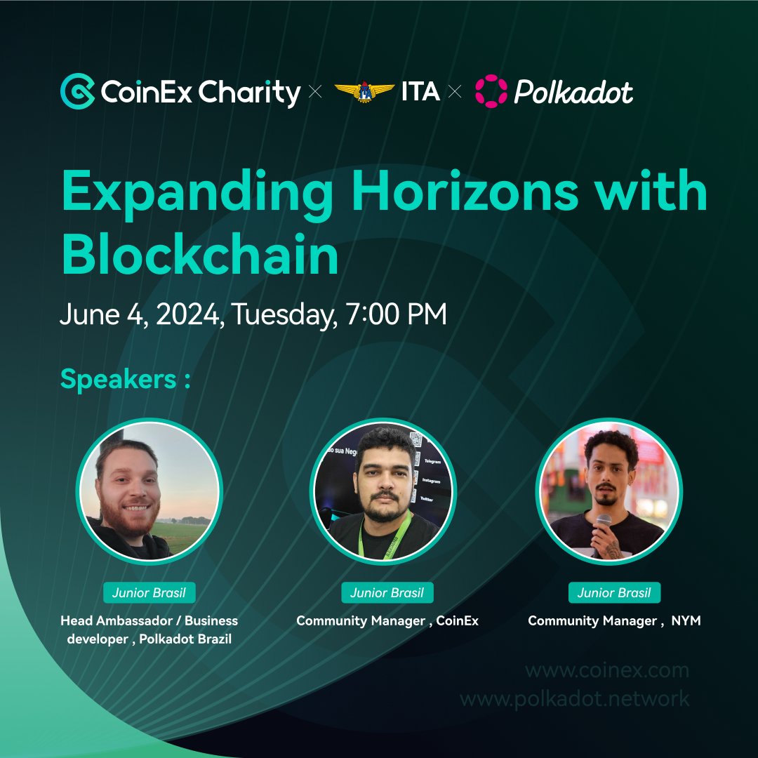 CoinExCharity's tweet image. 📅 June 4th! 
🎓 Join us at ITA University in Brazil for a special charity blockchain lecture with @polkadot_brasil !
🎤 Featuring renowned KOLs.
🌟 Stay tuned! 

@coinexcom @CoinexPortugues 
#CoinExCharity #CoinExShape #CoinExCharityLecture