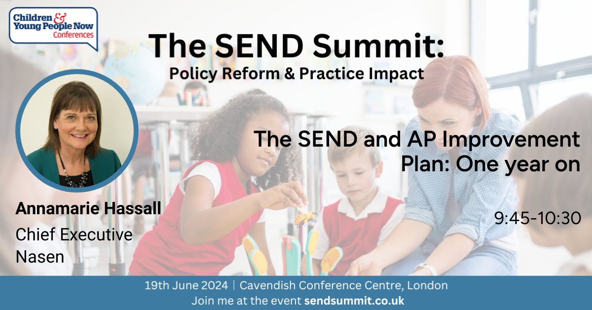 @CEOnasen will keynote at the National #SENDSummit, discussing progress since the SEND and AP Improvement Plan. Join the debate on re-imagining education for #SEND children and attend breakout sessions. Open to all - register now! 🔗 🔗ow.ly/oyB950RB70t