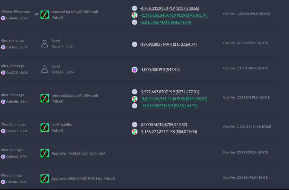 I called the top on $mati on #PulseChain in my private trading group at $10.20 & fully exited. 

However got sketched out & noticed the LP kept getting thinner & thinner. 
& drastically got thin by over 100k$ as soon as 10$ hit. 

Who is the initial liquidity provider & why have