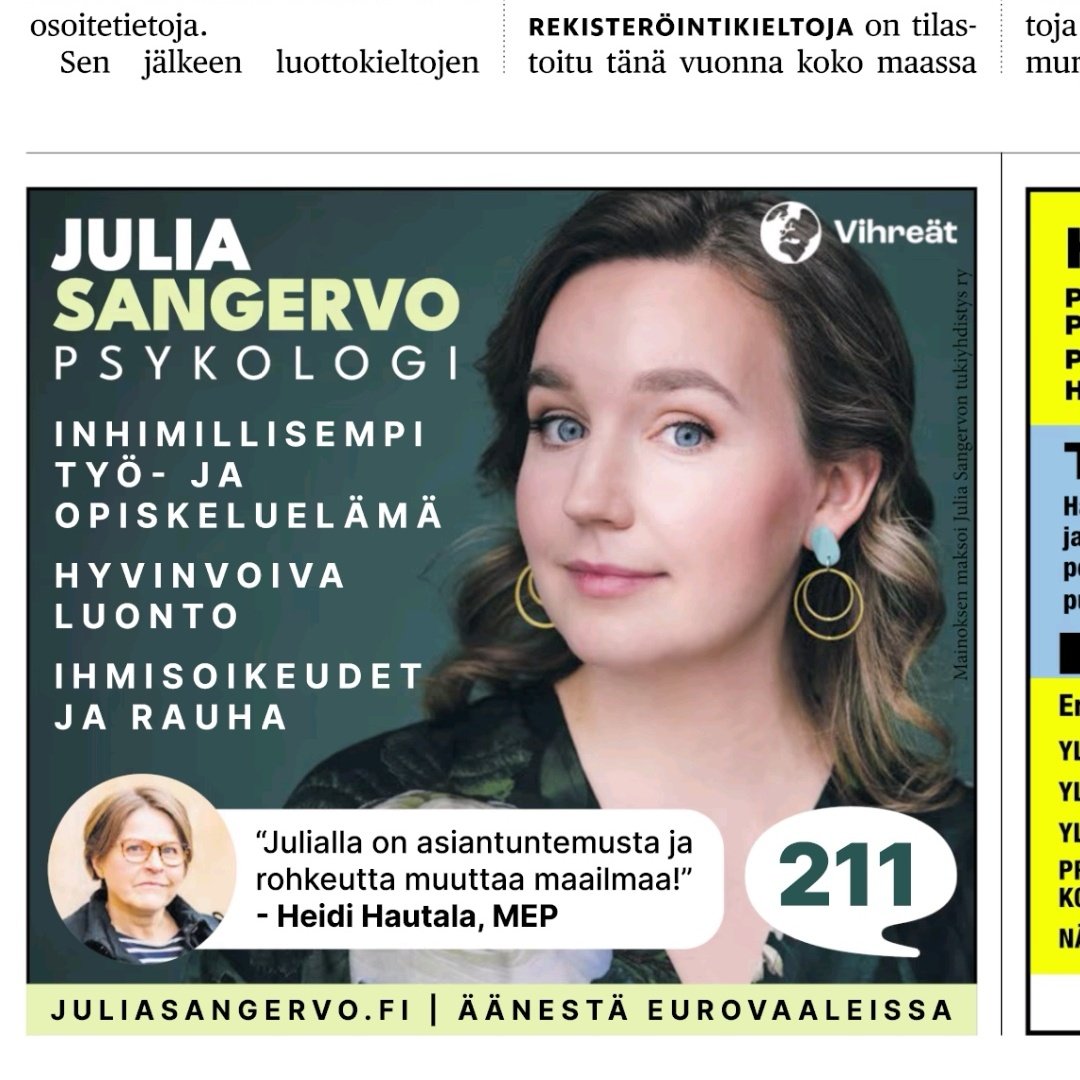 Tämän päivän Hesarissa! Valtava kiitos Suomen vaikutusvaltaisimmalle MEPille, meidän legendaariselle Heidi Hautalalle suosituksesta ❤️ ja valtava kiitos teille kaikille lahjoituksista, joiden ansiosta pystyisimme ostamaan tämänkin mainoksen!

Äänestä 211 🌿