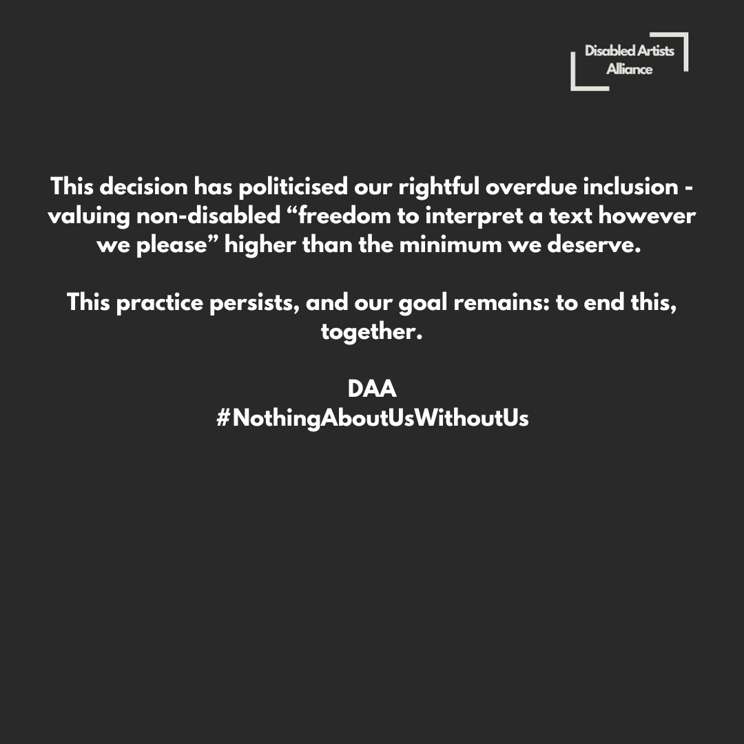 Disabled Artists Alliance (@disartalliance) on Twitter photo We are an alliance of 285 disabled and allied arts professionals and 37 organisations.
This is our statement regarding the continued run of Richard III <a href="/The_Globe/">Shakespeare’s Globe</a>, their subsequent article and our future goals as a collective. We are an alliance of 285 disabled and allied arts professionals and 37 organisations.
This is our statement regarding the continued run of Richard III <a href="/The_Globe/">Shakespeare’s Globe</a>, their subsequent article and our future goals as a collective.