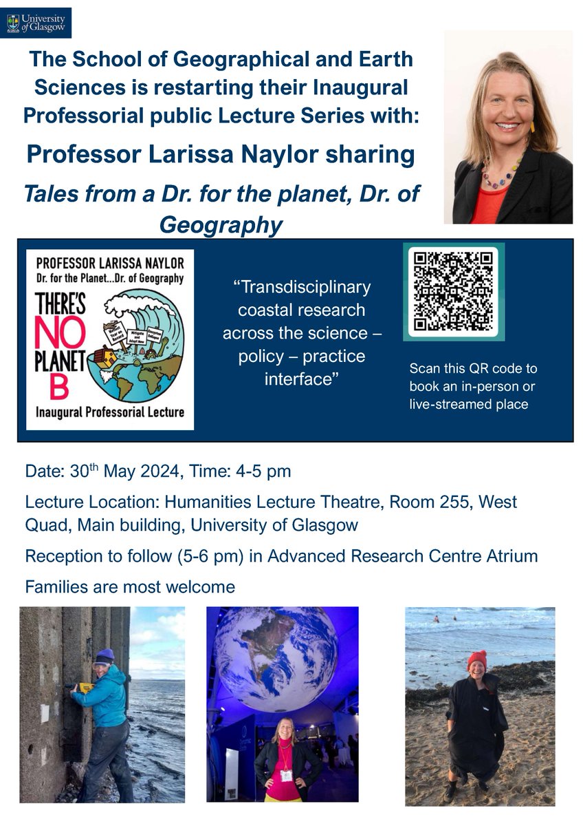 There is still time to register for our first Inaugural Professorial lecture series with @biogeomorph tomorrow! You can sign up to attend in person or online by following the QR code! @ScotSAGES @UofGlasgow