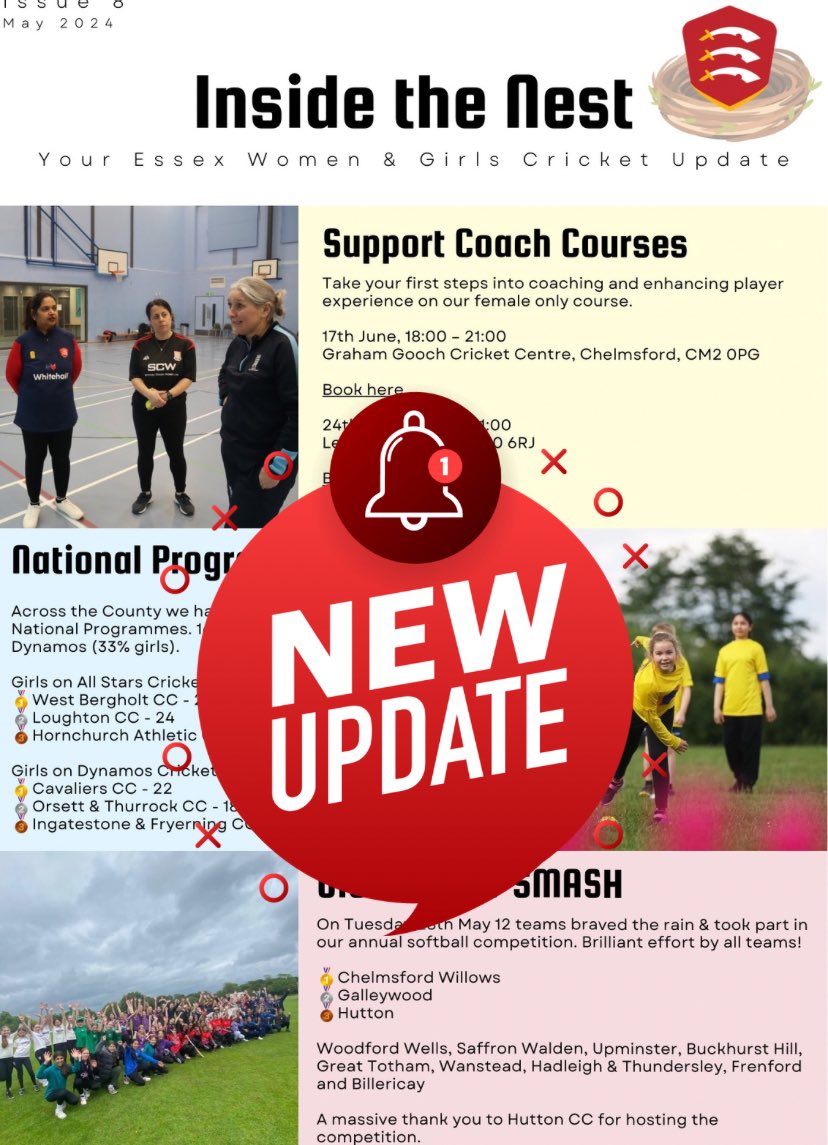 𝗜𝗻𝘀𝗶𝗱𝗲 𝘁𝗵𝗲 𝗡𝗲𝘀𝘁 🪹 

The May edition of our W&G newsletter 👉 linktr.ee/EssexCricket

Find out about:

📚 Female Only Support Coach Courses  
👀 Which club has the most girls on @allstarscricket & @DynamosCricket 
🏏 U13 One Day Smash Results

🦅#FlyLikeAnEagle