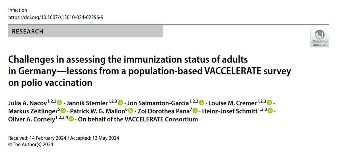 New Research on Poliomyelitis (PM) Vaccination Coverage in Germany 1/ 🦠 COVID-19 pandemic taught us critical importance of vaccination. What about other diseases? Our latest study investigates poliomyelitis (PM) vaccination rates among German adults. link.springer.com/article/10.100…