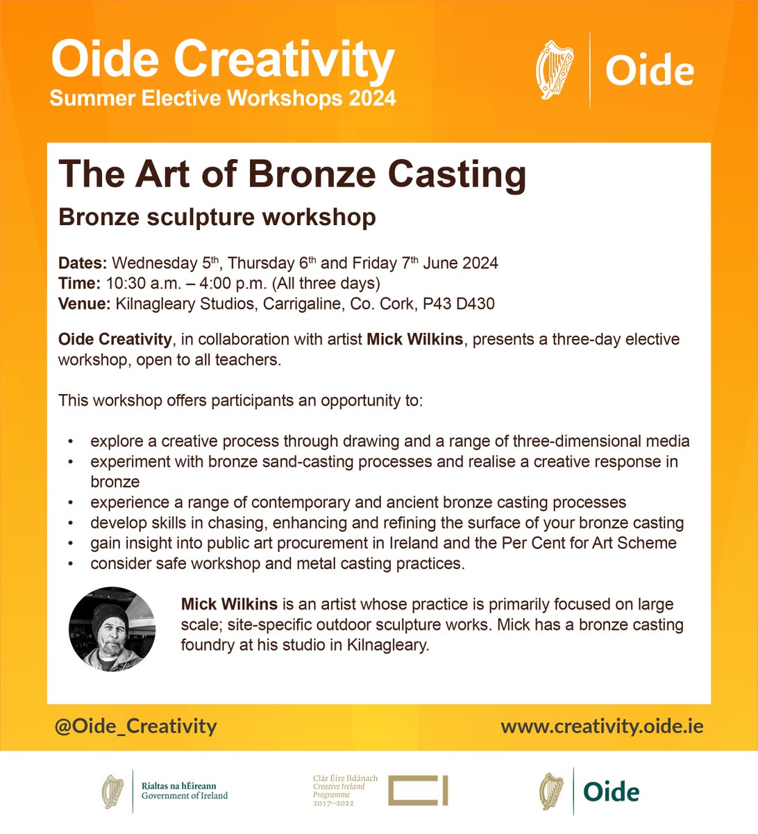 Kicking off our summer elective workshops is the 3 day Art of Bronze Casting with sculptor Mick Wilkins. We will send you an email next week with further details of the workshop & what you might like to bring with you to support your engagement. Don't forget to check emails.