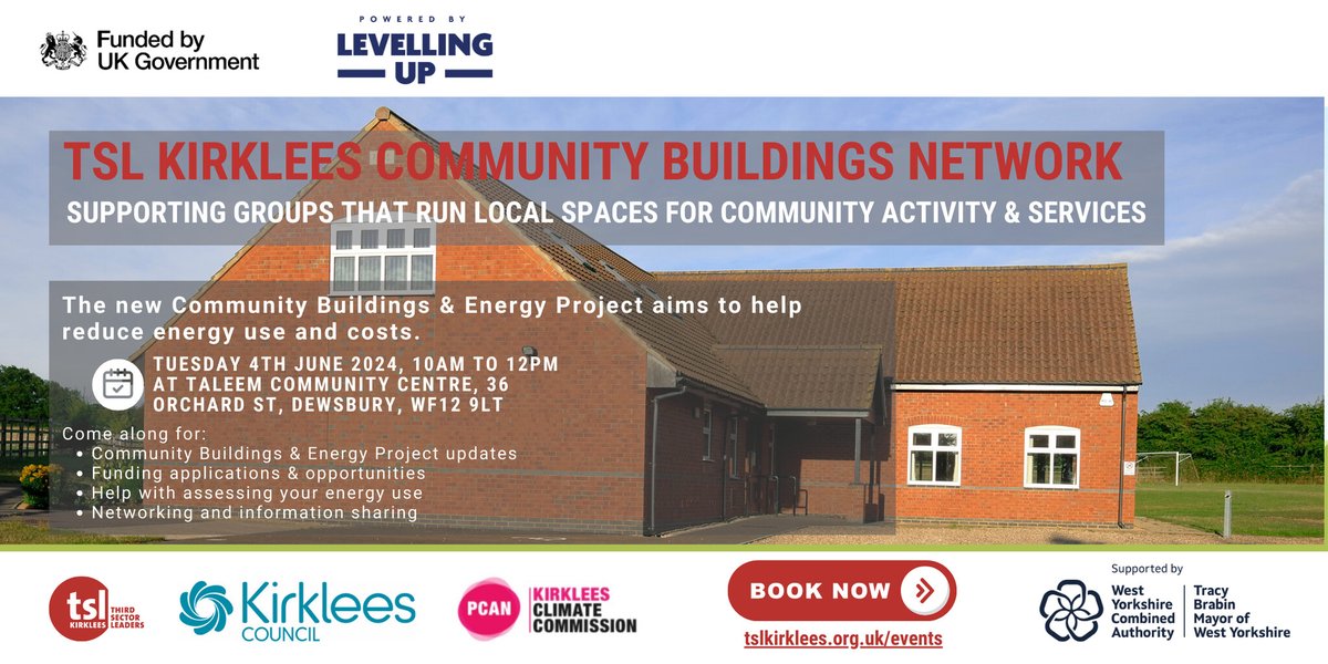 🏢TSL Kirklees Community Buildings Network, 4th June, 10am-12pm, Taleem Training & Community Centre, WF12 9LT For local third sector organisations running a community building. Connect with others running community buildings in Kirklees. 🔖eventbrite.co.uk/e/tsl-kirklees…