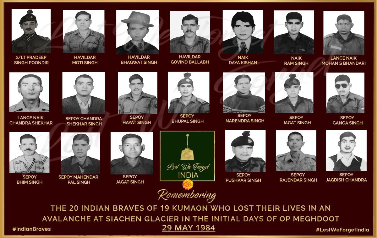 40 YEARS TO DATE. Do you remember them? #LestWeForgetIndia🇮🇳 The TWENTY #IndianBraves of 19 KUMAON, who lost their lives during the initial days of #OpMeghdoot #OnThisDay 29 May in1984 in an avalanche in #SiachenGlacier Remember the supreme sacrifice of these forgotten