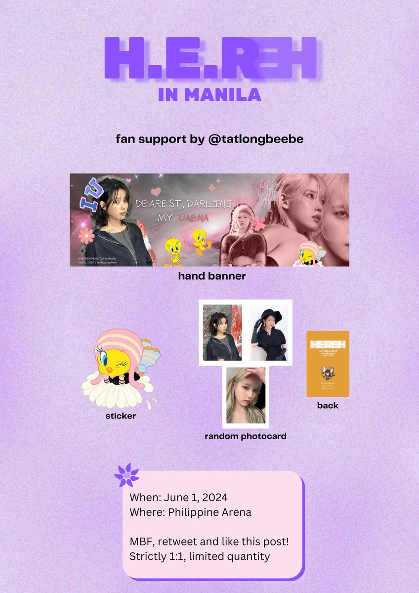 tatlongbeebe's tweet photo. IU HEREH in Manila
IU | fan support

💜 additional freebies to be given away!

See you! 🤗

June 1, 2024 | Philippine Arena

#IU #IUinManila
#IU_HEREH_WORLD_TOUR_IN_MANILA https://t.co/2oI9nVe5Yy