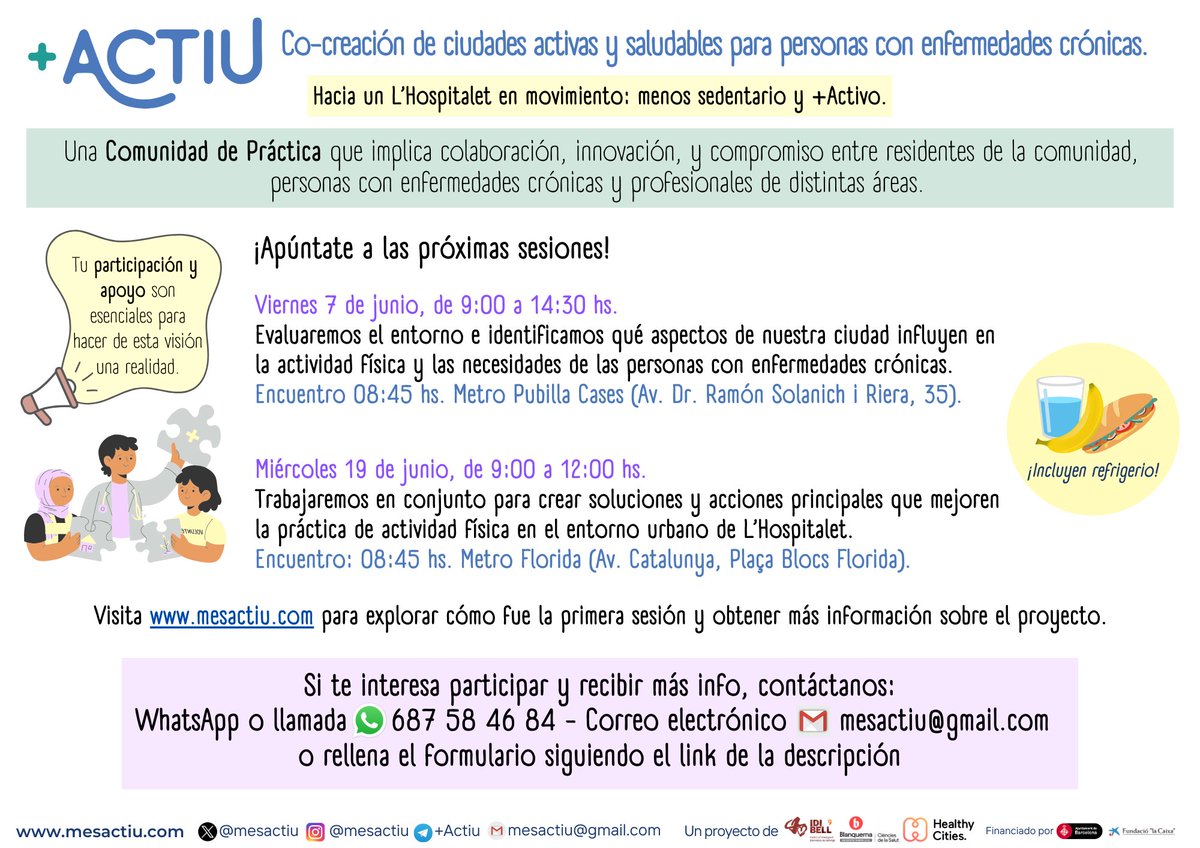 Si te interesa participar de nuestra Comunidad de Práctica, buscando estrategias para ⬆️ la actividad física de personas con enfermedades crónicas en el entorno urbano de L'Hospitalet, ¡aún puedes apuntarte a las próximas sesiones de junio! 
Más info: forms.gle/9G9ySRugscHj1C…