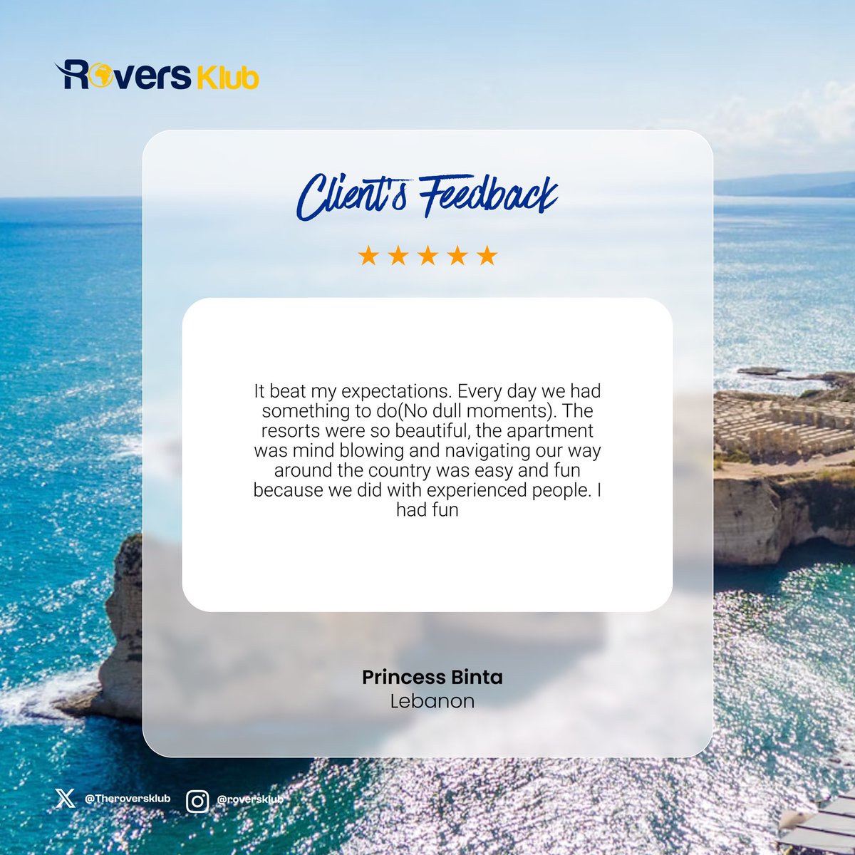 theroversklub's tweet image. #clientpost As per usual, we deliver only the best services to our clients.

Our Bespoke Travel Package covers everything you’ll need for your holiday, and you don’t need to lift a finger to do a thing 😎

Be like Binta today and send us a DM for that overdue vacation.