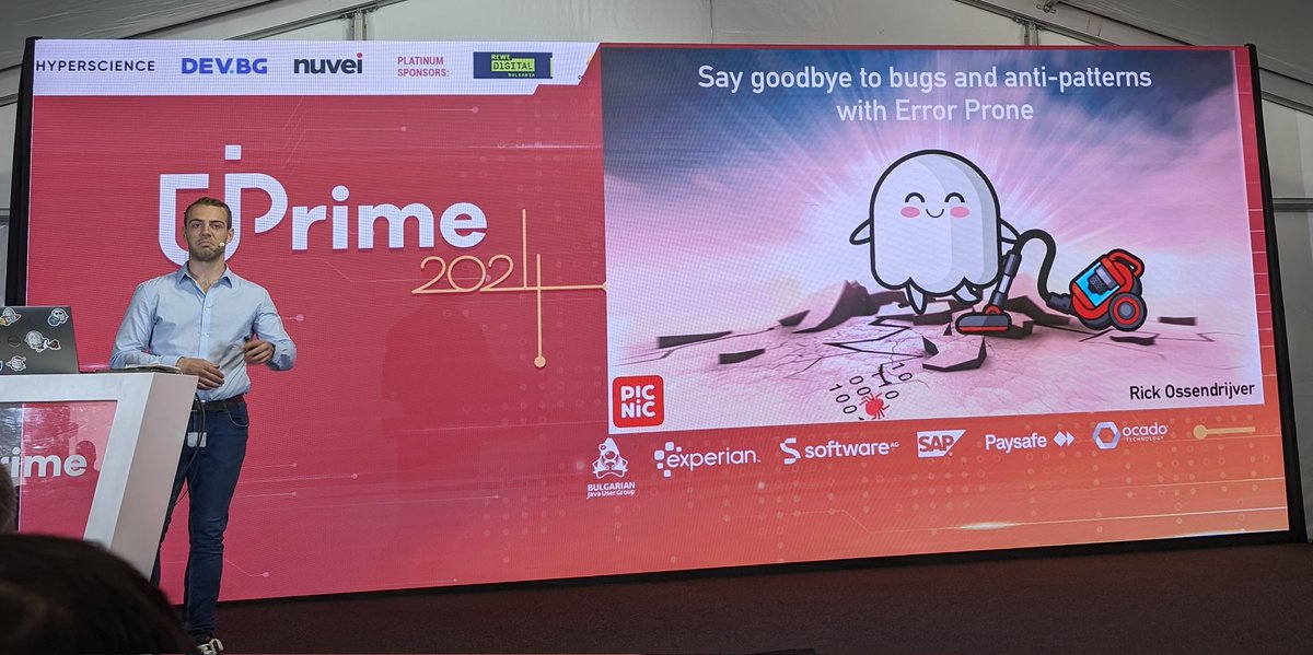 vilojona's tweet image. Time for the great @rick_ossies talking about #errorprone that will catch common programming mistakes at compile-time , at @jPrimeConf 2024