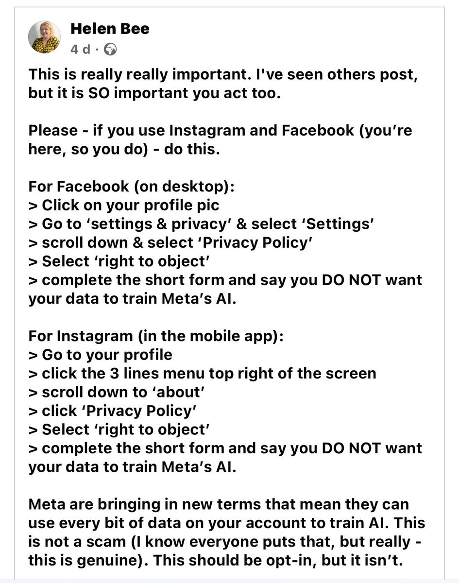 Spread far and wide… Facebook and Insta instructions to Opt Out of Meta using your data to train their AI attached below. Thanks so much @B_2_Es @Meta, having this as opt-out not opt-in is abhorrent. Shame on you. #StopAIStealingTheShow cc @EquityUK @EquityAudio @NAVAVOICES