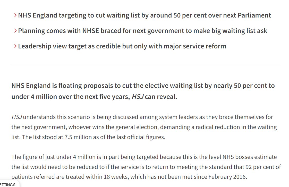 Worth noting Labour confirming its top NHS pledge today to return NHS to hitting 18 week waiting time target in 5 years is in same ballpark of NHS’s aspirations revealed by @HSJnews last month to cut list by nearly 50% to under 4 million in same period £ hsj.co.uk/exclusive-nhse…