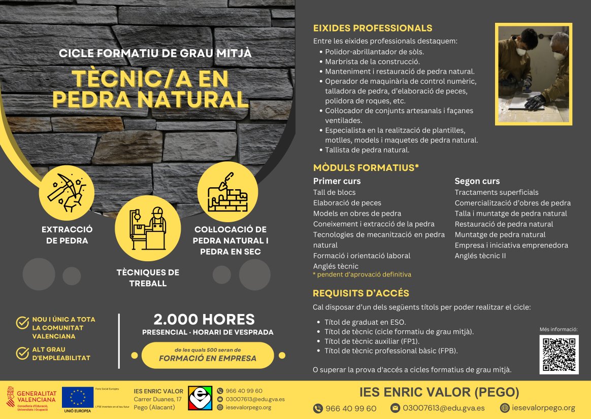 Tècnic/a en Pedra Natural
Aquest cicle abasta des dels diferents mecanismes d’extracció de la pedra, el seu tractament i conformat i la seua col·locació ja siga en sec o amb algun tipus d’argamassa. 
📢 Inscripcions fins al 3 de juny (adminova.gva.es)
‼️ Alta ocupabilitat